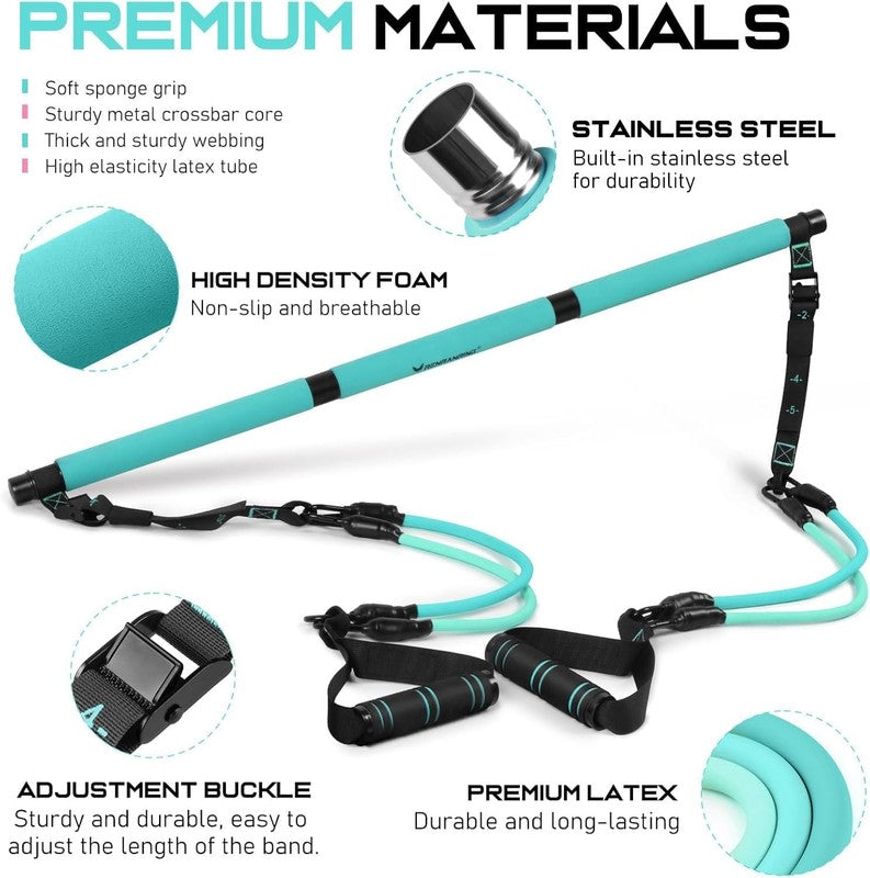 Pilates Bar Kit w/ Resistance Bands Adjustable Metal Buckle Full Body Blue1