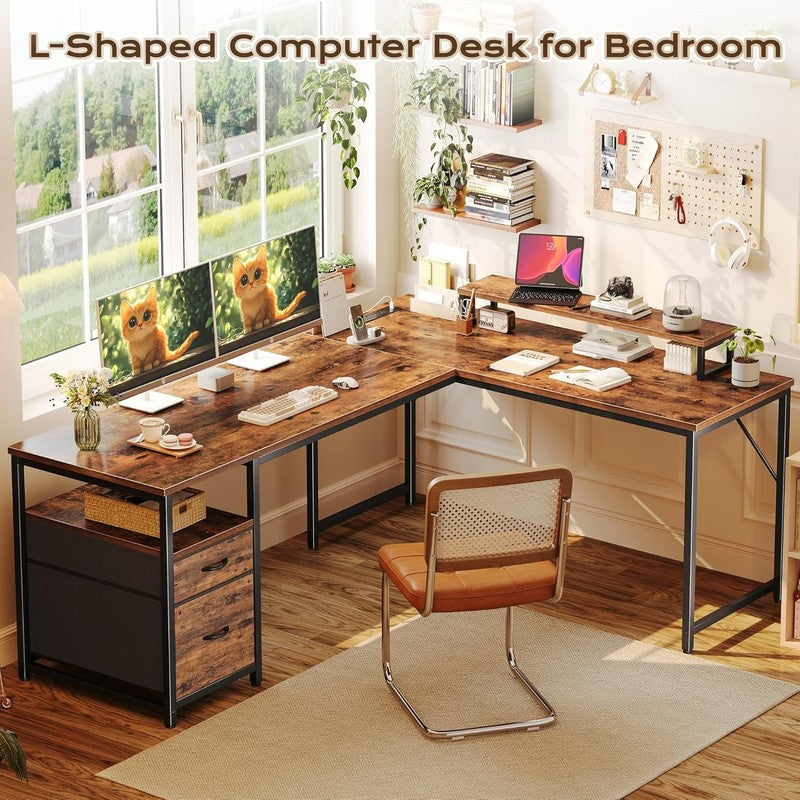 63'' L Shaped Desk w/ USB C Power Outlets Corner Office Desk Rustic Brown2
