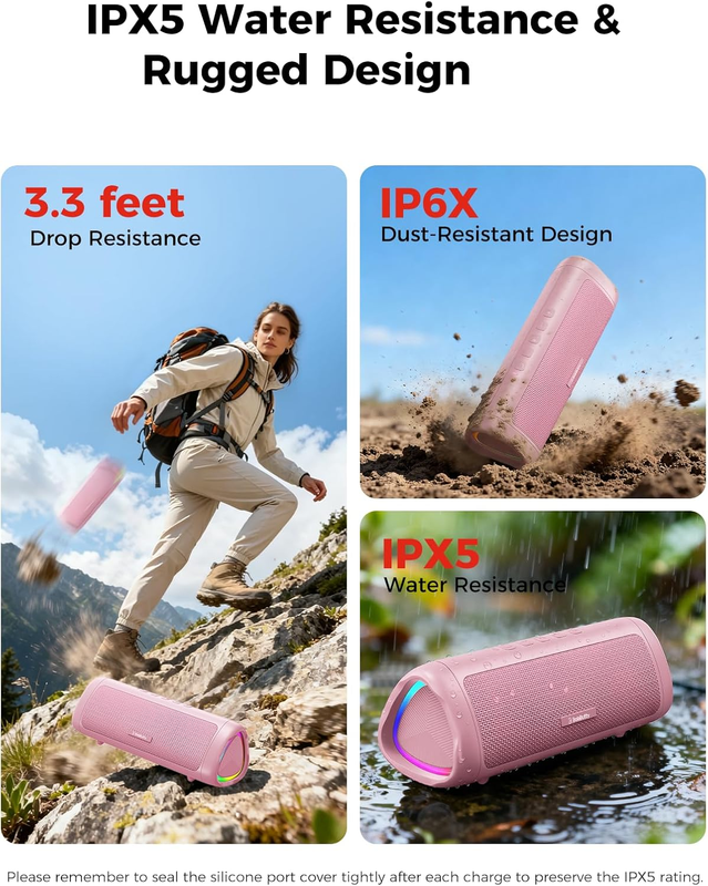 Bluetooth Speaker 20W HD Sound Portable Waterproof Outdoor Speaker Pink3