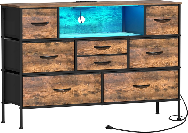 8 Drawer Dresser with Charging Station LED Light Fabric Drawers TV Stand Storage0