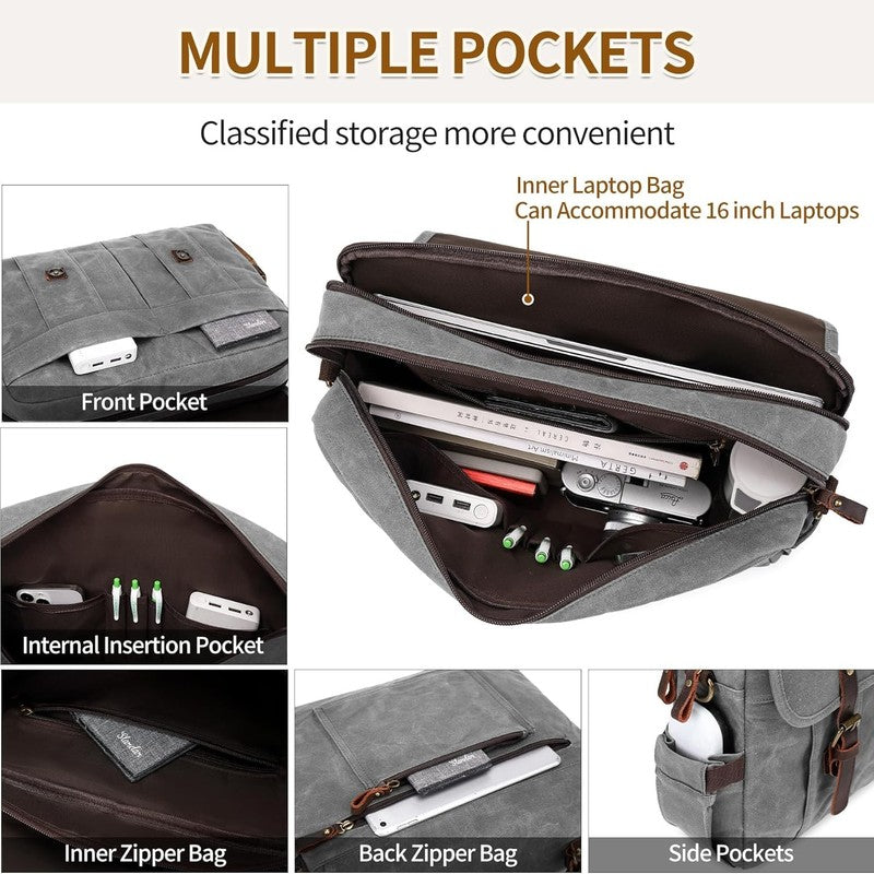 Men's 15.6" Vintage Canvas Leather Laptop Messenger Bag Light Gray Satchel4