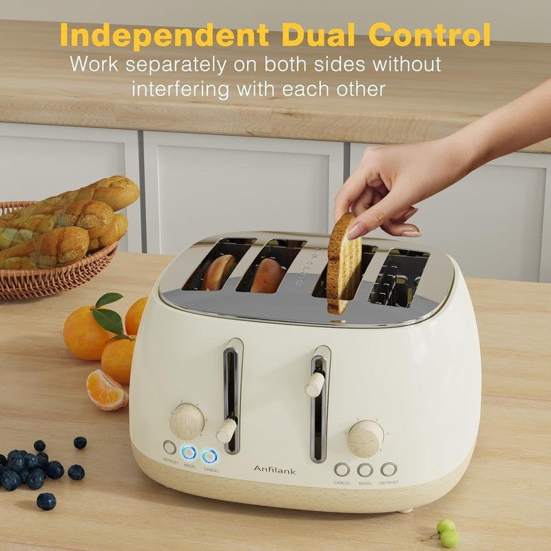Retro 4 Slice Toaster Stainless Steel Extra Wide Slots Dual Control Bagel Beige5
