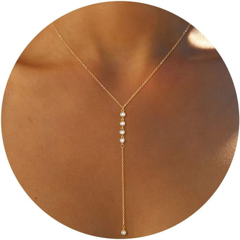 14K Gold Plated Lariat Y Necklace CZ Beaded Drop Pendant Layered for Women9