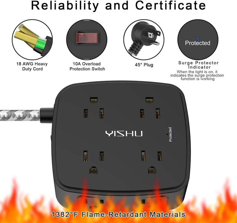 6FT Surge Protector Power Strip 8 Outlets 4 USB 2 USB C Flat Plug Black5