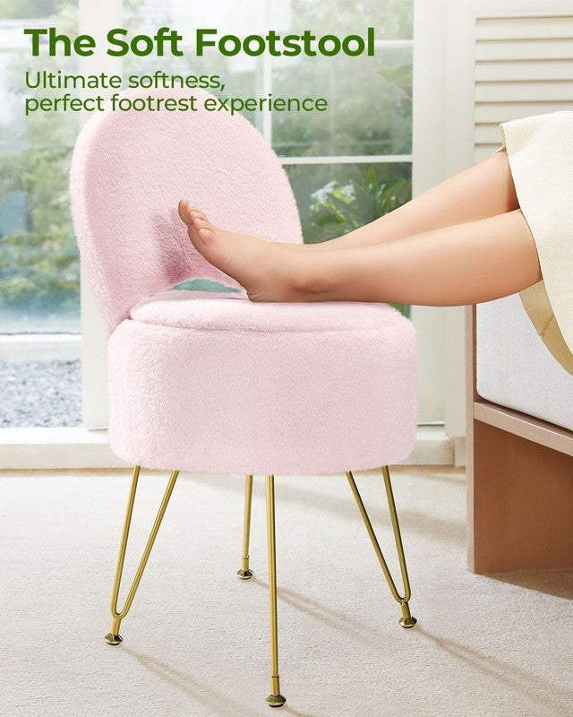 Faux Fur Vanity Stool Chair w/Storage Folding Back Ottoman Pink5