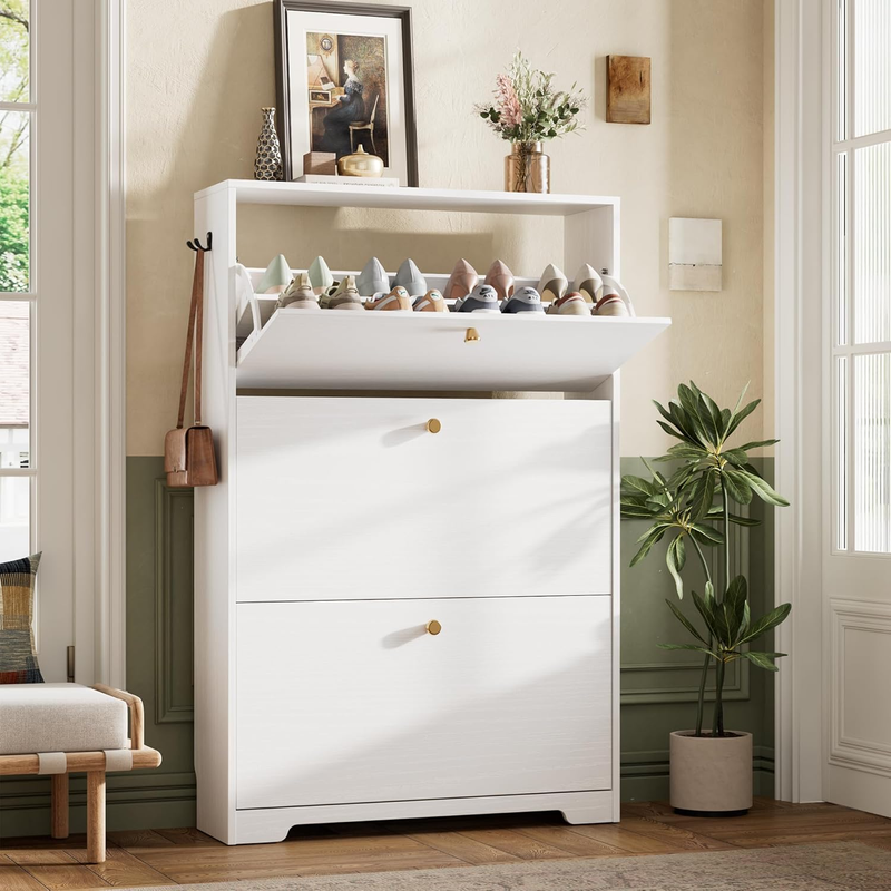 47'' Shoe Cabinet 3 Flip Drawers Narrow Organizer Freestanding Entryway White10