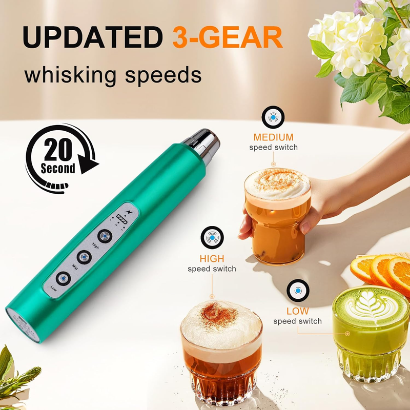 Milk Frother Handheld Rechargeable 3 Speed 3 Heads Coffee Whisk Turquoise1