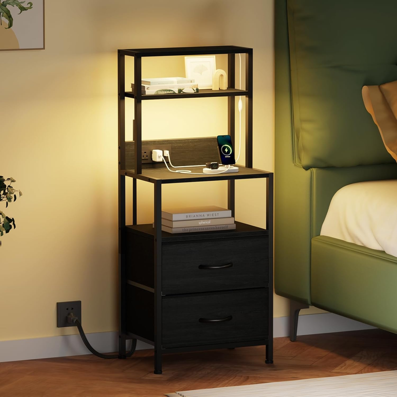 Tall Nightstand 4 Tier w/ 2 Fabric Drawers & Charging Station Black Oak8