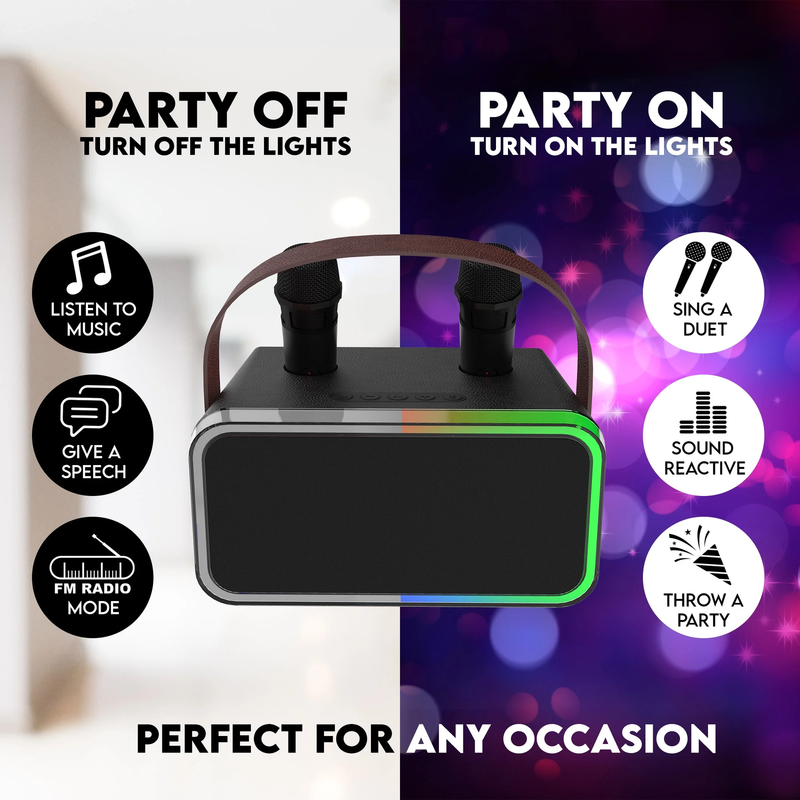 Bluetooth Karaoke Machine w/ 2 Wireless Microphones LED Lights 9Hr Playtime8