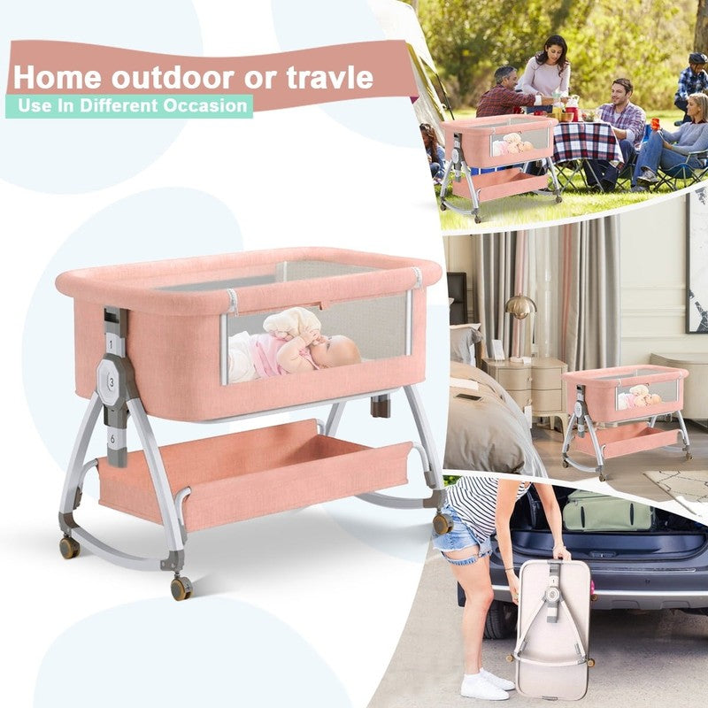 4 in 1 Baby Bassinet Pink Bedside Crib w/ Storage, Wheels & Changing Table6