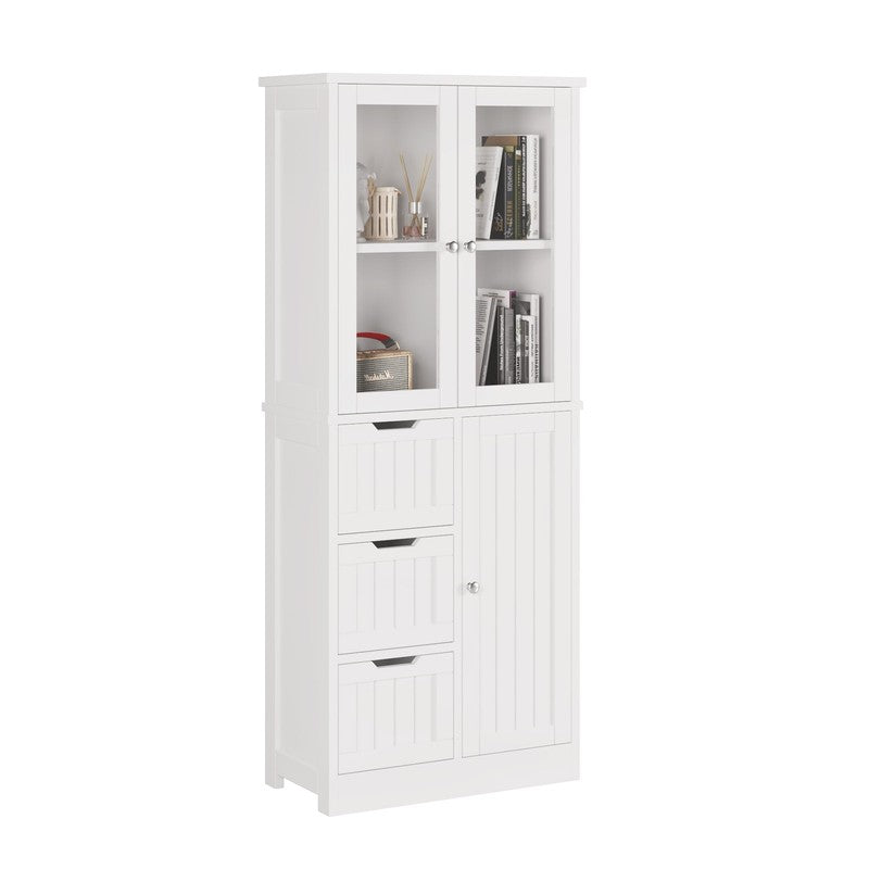 Bathroom Storage Cabinet Wooden W/ 4 Drawers & 3 Doors Glass Doors, MDF Freestan4