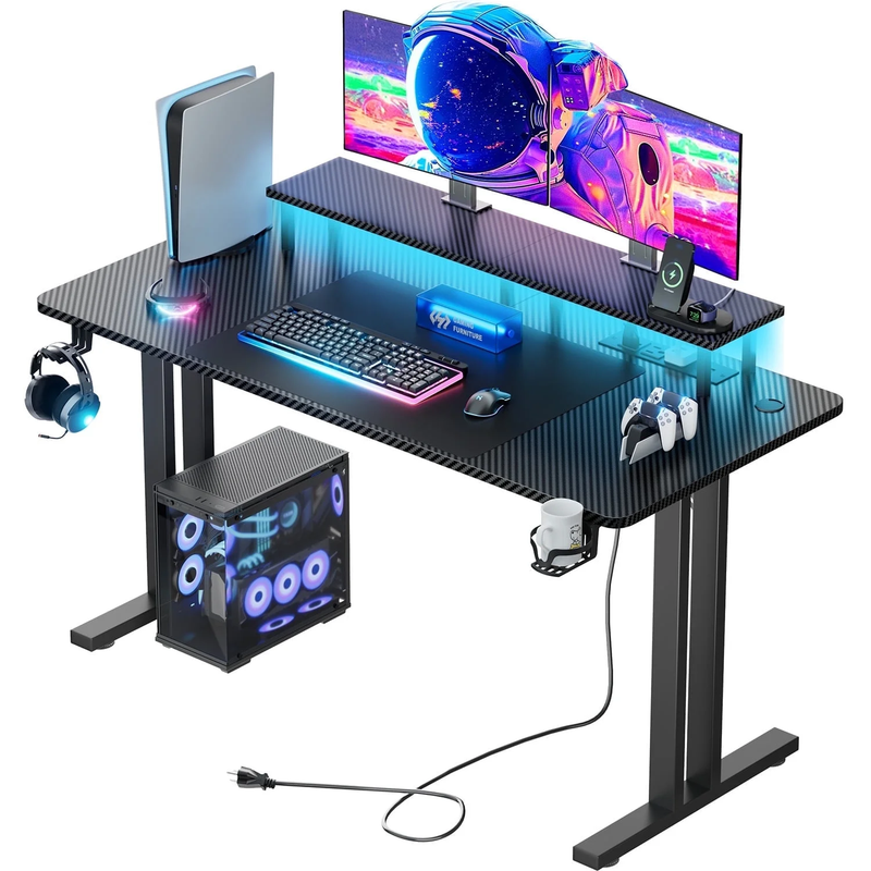 55" Gaming Desk w/ LED Lights & Power Outlet Computer Desk w/ Monitor Stand7