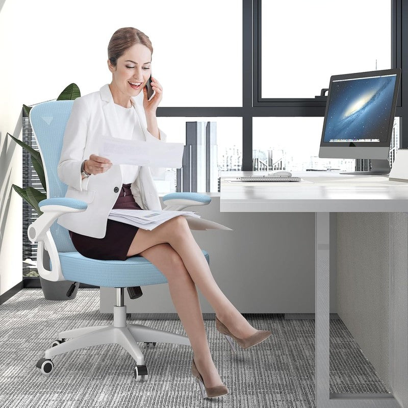 Office Desk Chair Mid Back Mesh Adjustable Height Flip Up Arms Lumbar Blue1