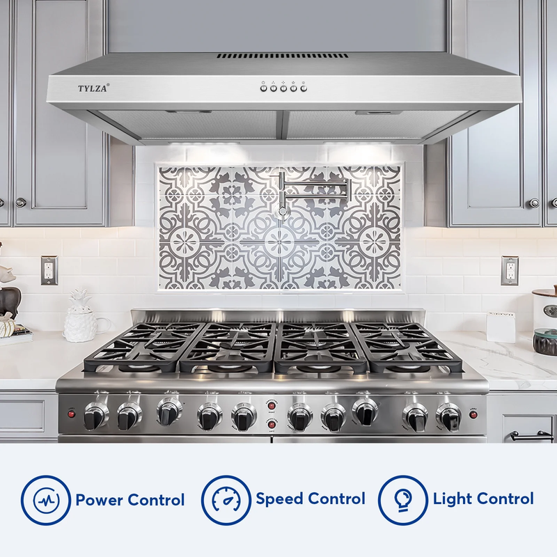 Tylza 30" 600CFM Stainless Steel Under Cabinet Range Hood LED Charcoal Filter5