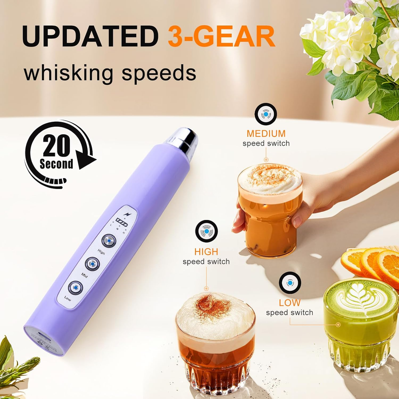 Milk Frother Handheld Rechargeable 3 Speed 3 Heads Coffee Whisk Purple1
