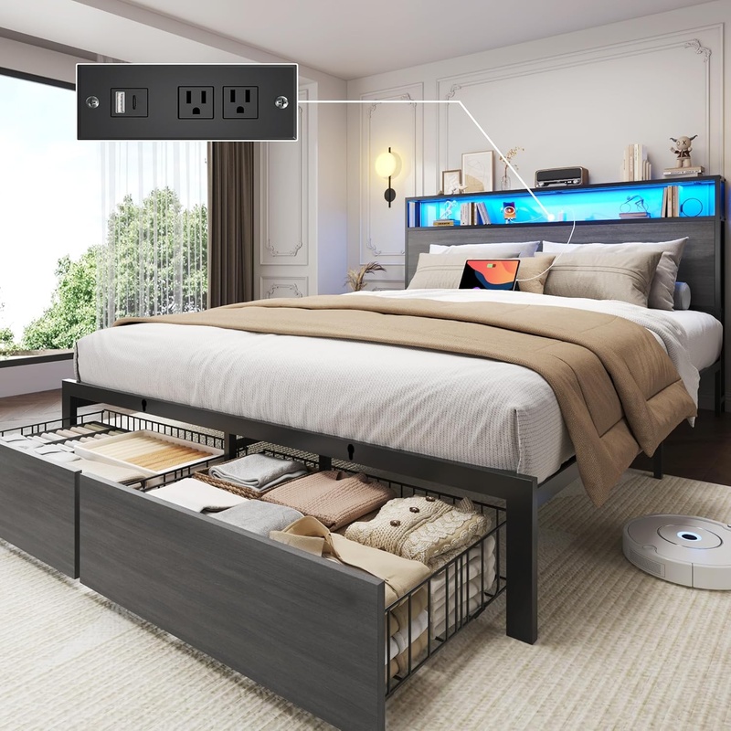 Queen Bed Frame LED Storage Headboard Drawers Charging Metal Rustic Grey6