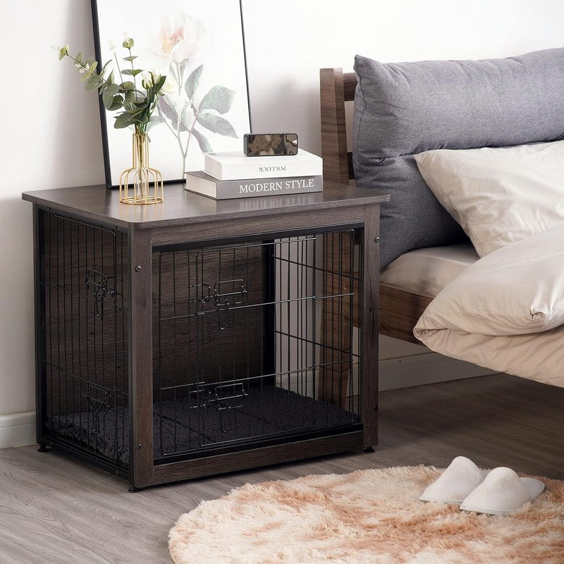 Dog Crate Furniture Table w/Cushion Wooden Kennel Double Door 27.2" Dark Gray4