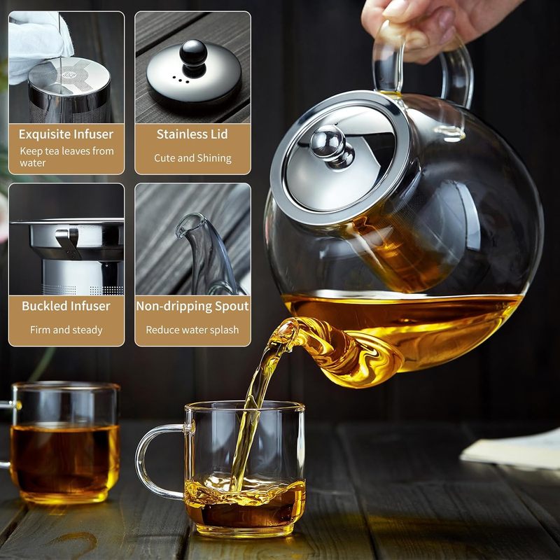 40oz Glass Teapot w/ Infuser Borosilicate Stovetop Safe Tea Kettle Dishwasher2