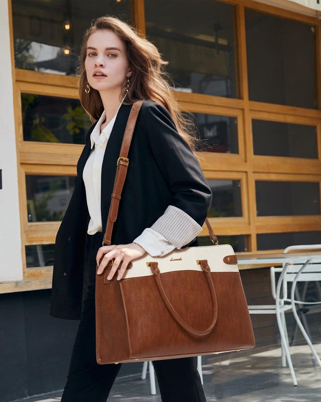 15.6" Laptop Bag for Women Vintage Leather Waterproof Tote Briefcase Brown-Beige2