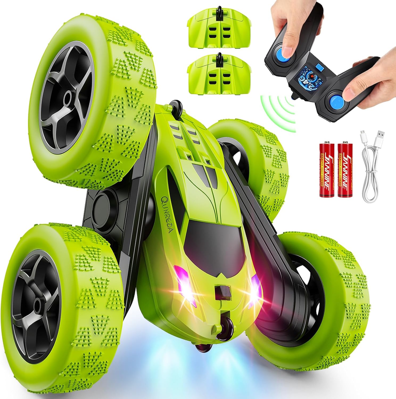 Kids RC Stunt Car 4WD Double Sided 360° Rotating Remote Control Green0
