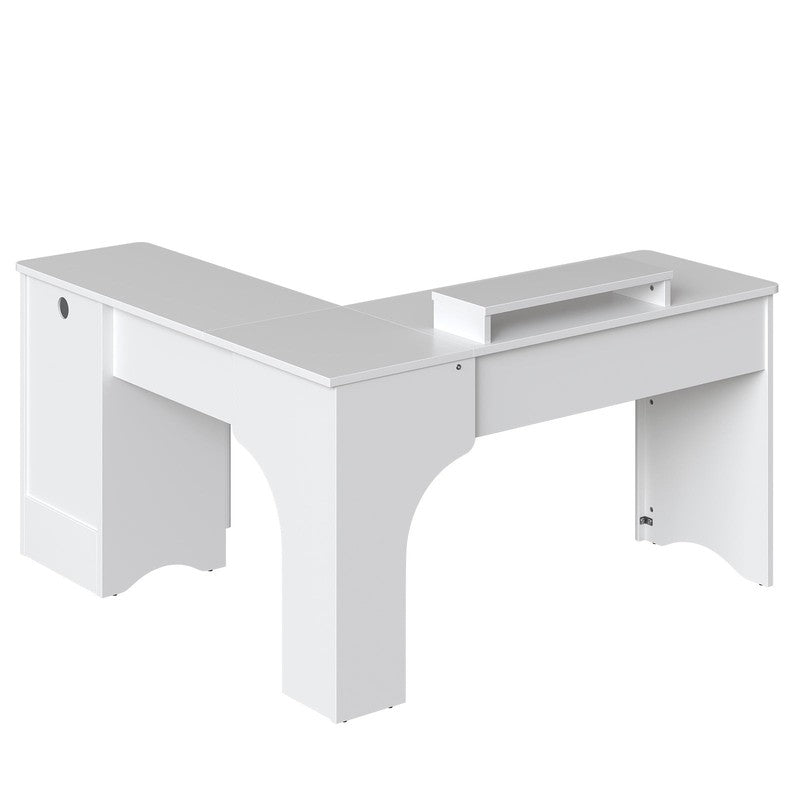 55" L-Shaped Desk with Drawers, Monitor Stand & Fluted Panels White11