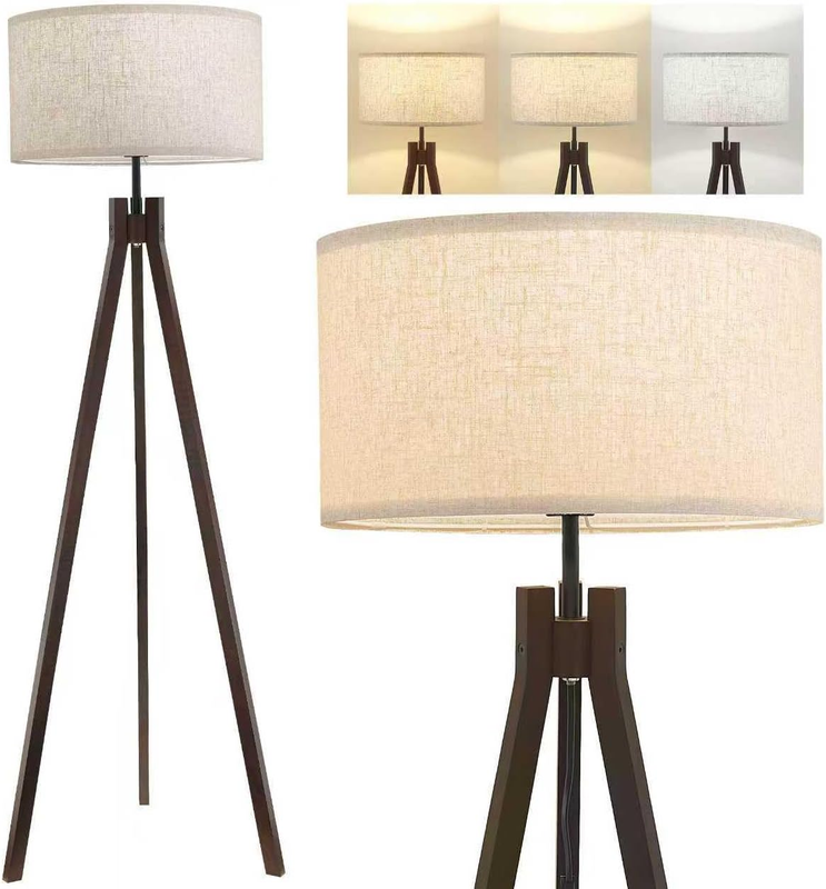 Wood Tripod Floor Lamp 3 Color LED Mid Century Reading Linen Shade Walnut10