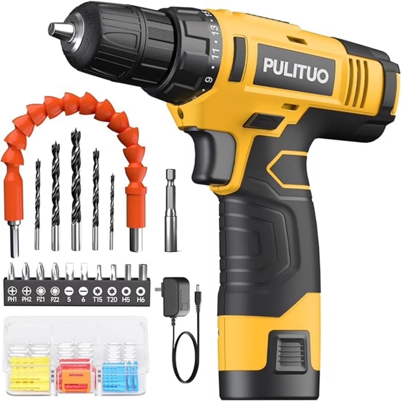 12V Cordless Power Drill Kit 21+1 Torque LED Battery Charger Compact Yellow9