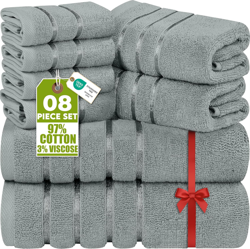 8 Piece Luxury Towel Set, 2 Bath, 2 Hand, and 4 Wash Cloths, 600 GSM Ring Spun C11