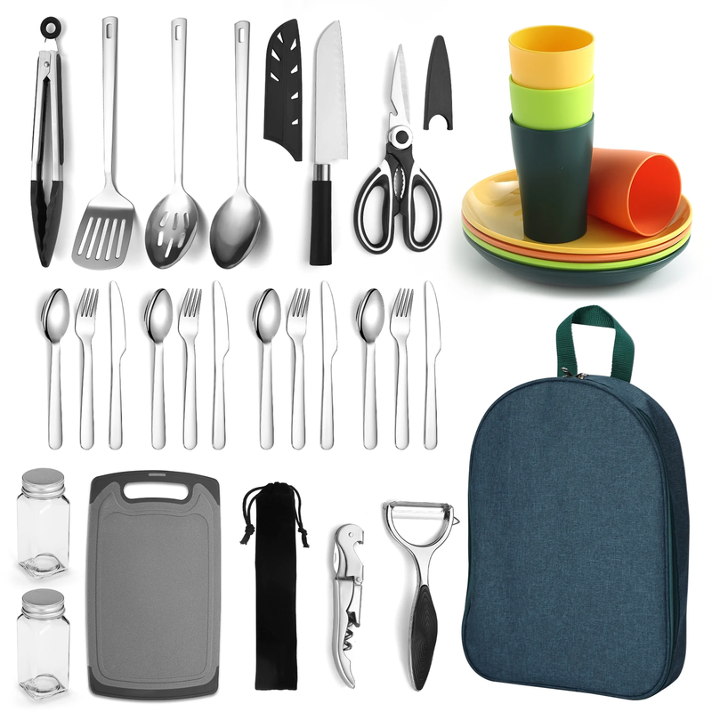 Camping Cooking Utensils Set Stainless Steel Silverware Plates Cups Outdoor8