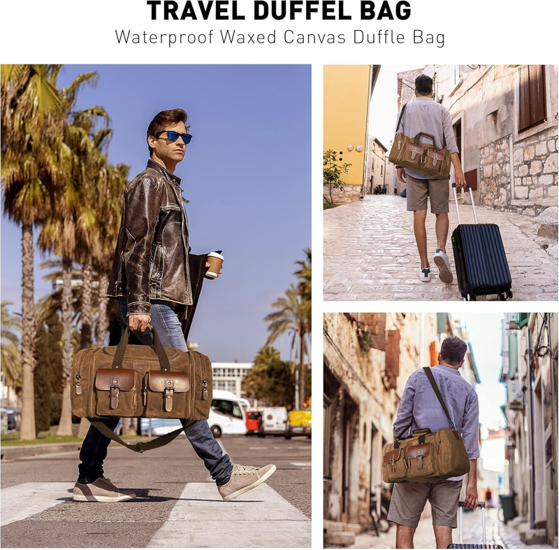 50L Canvas Leather Travel Duffle Bag Waterproof Weekender Overnight Bag2
