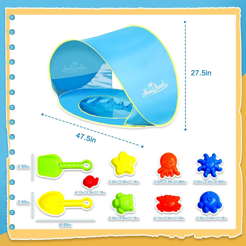 Baby Beach Tent with Beach Sand Toys Pop up Portable Shade Pool UPF50+ UV Protec6