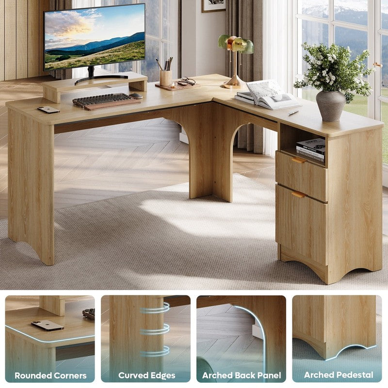 55" L-Shaped Desk with Drawers, Monitor Stand & Fluted Panels Natural Oak1