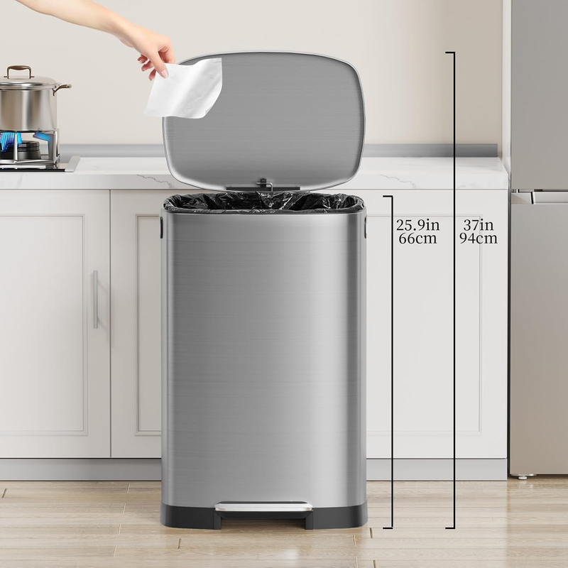 13 Gallon Kitchen Trash Can Stainless Steel Soft Close Pedal Bin 50L1