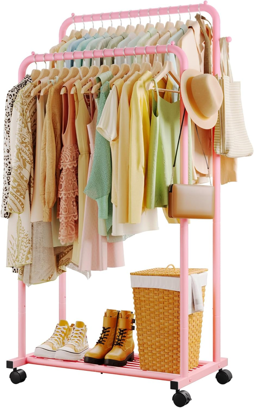 Clothes Rack with Double Rods, Mesh Shelf & Wheels, Metal Garment Rack Pink8