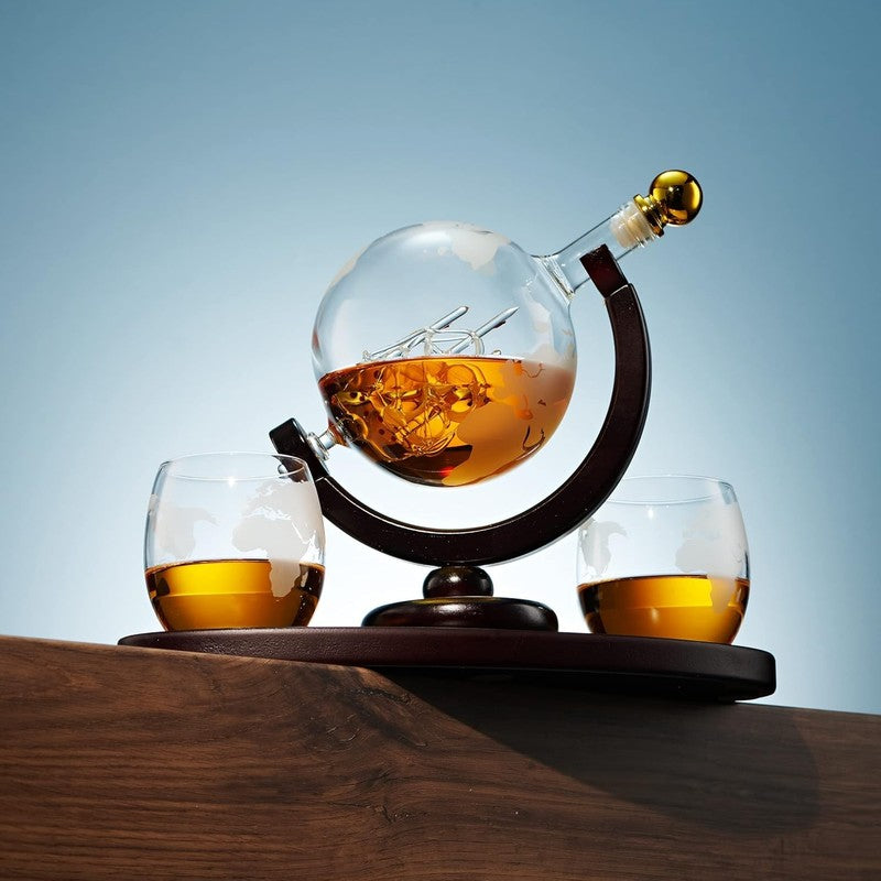 Whiskey Decanter Globe Set 850ml with 2 Glasses Gift for Men Dad1