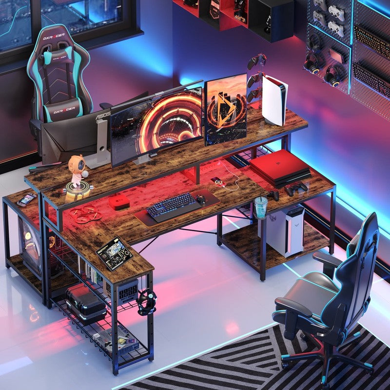 71" L-Shaped Gaming Desk LED with Power Outlets, Monitor Stand Rustic8