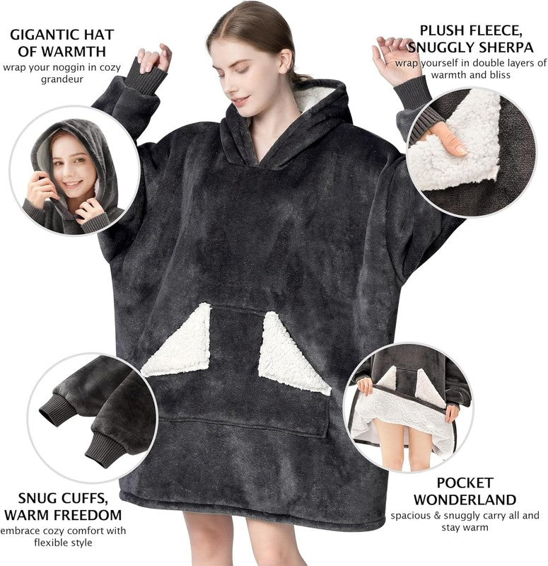 Wearable Blanket Hoodie, Oversized Sherpa Fleece Sweatshirt Blanket with Giant H2