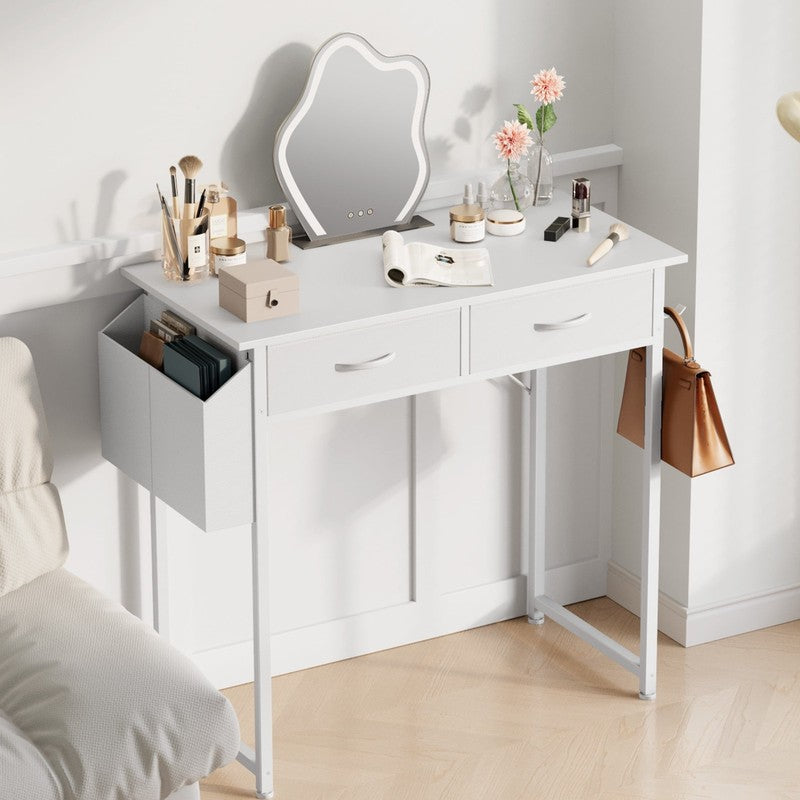 Small Desk with Fabric Drawers & Storage Bag Iron Hook, Home Office Computer Des1
