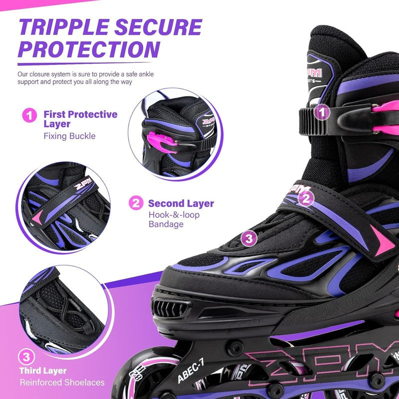 Vinal Girls Adjustable Flashing Inline Skates, All Wheels Light Up, Fun Illumina3