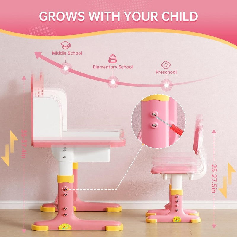 Kids Desk & Chair Set Height Adjustable Study Table w Drawer Bookstand Pink2