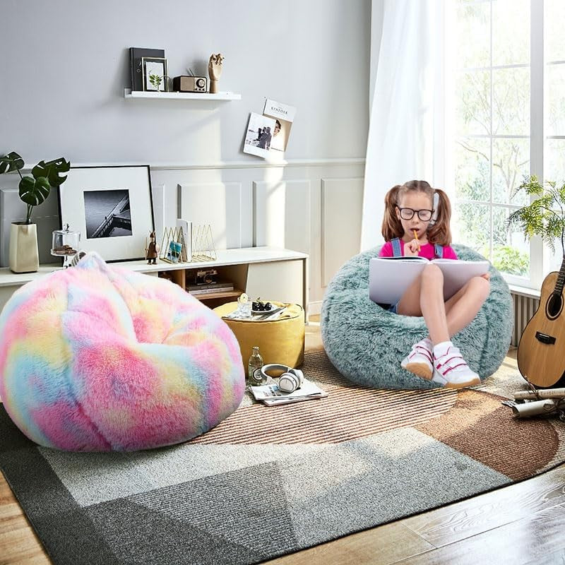 Fluffy Bean Bag Chair for Kids 2.5FT Memory Foam Faux Fur Dark Green1