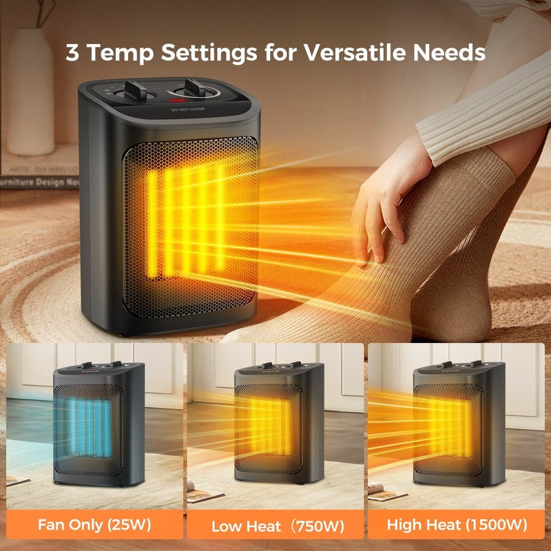 750W/1500W Ceramic Space Heater, 2S Heat, Small, Safe, for Indoor Use, Black3