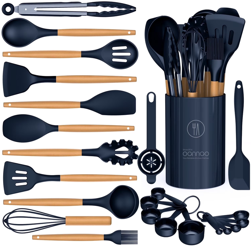 Silicone Kitchen Utensil Set Wooden Handle Holder Heat Resistant Navy Blue5