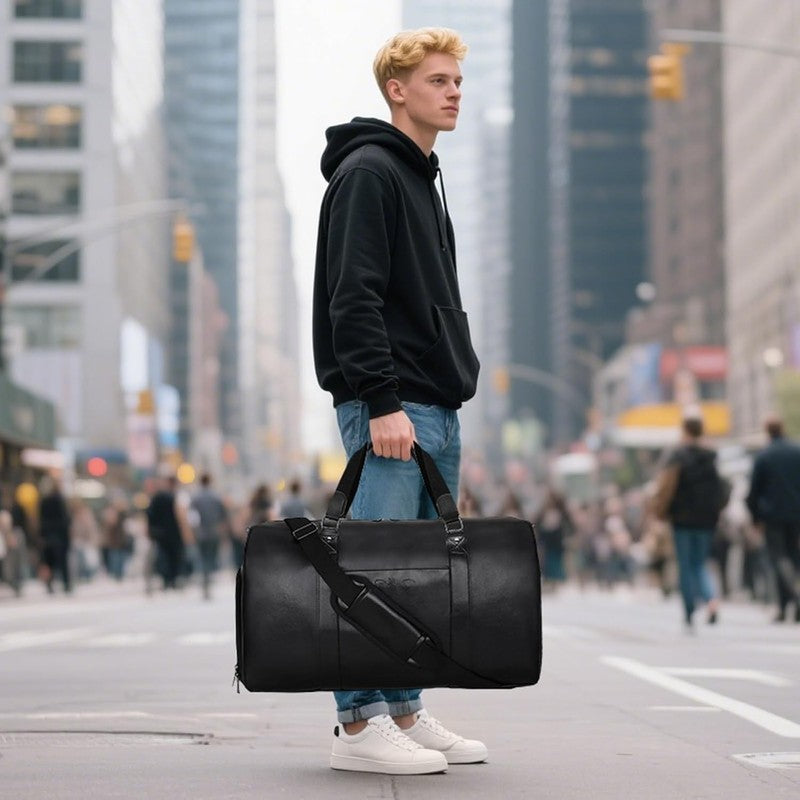 3 in 1 Leather Duffle Bag w/ Shoe & Toiletry Compartment Weekender Black1