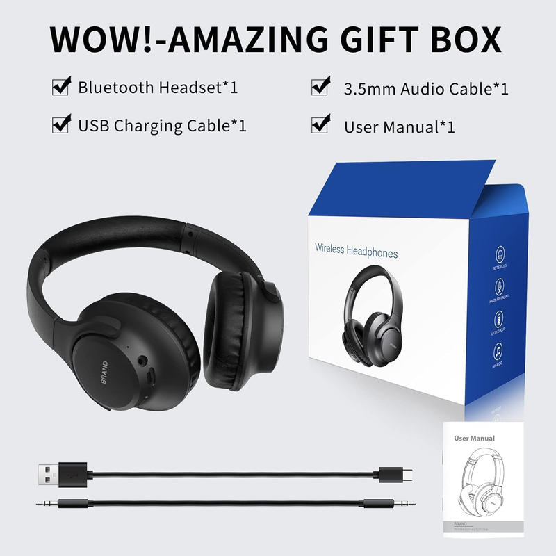Bluetooth Over Ear Headphones 65H Playtime Wireless Headset Mic Bass8