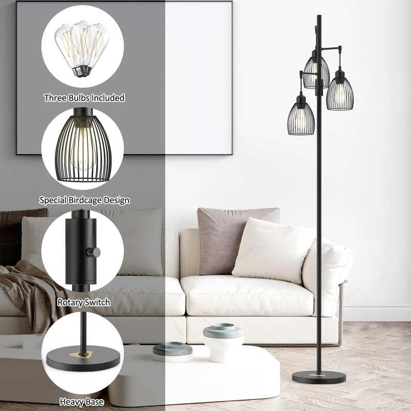 70" Black Dimmable Floor Lamp, Industrial Birdcage Tree Lamp for Living Room5