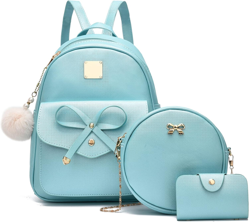 Girls Bowknot 3-Pieces Fahsion Leather Backpack Backpack Purse for Women Rucksac0