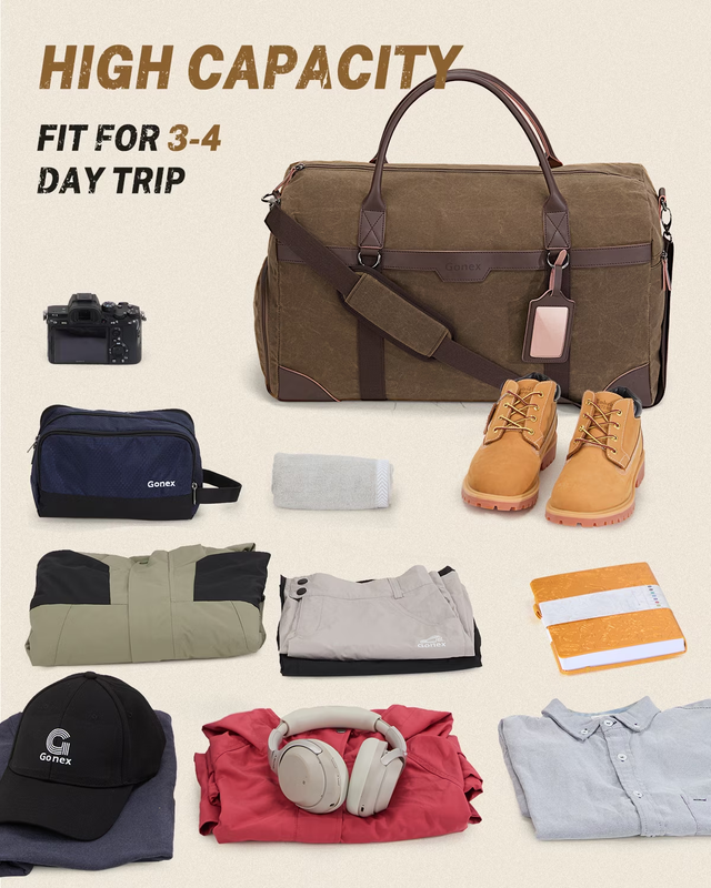 55L Waxed Canvas Duffle Bag Water Resistant Vintage Weekender w/Shoe Comp7
