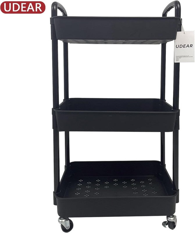 3-Tier Rolling Utility Cart with Labels, Handle & Wheels, Black Storage Rack3