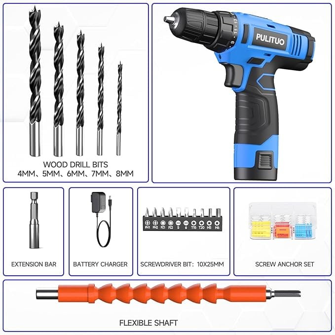 12V Cordless Drill Set 21+1 Torque LED 3/8" Keyless Chuck Battery & Charger Blue2
